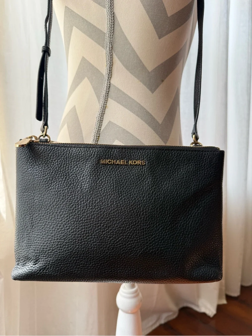 Michael Kors Black Pebbled Leather Double-Pouch Crossbody with Gold Logo